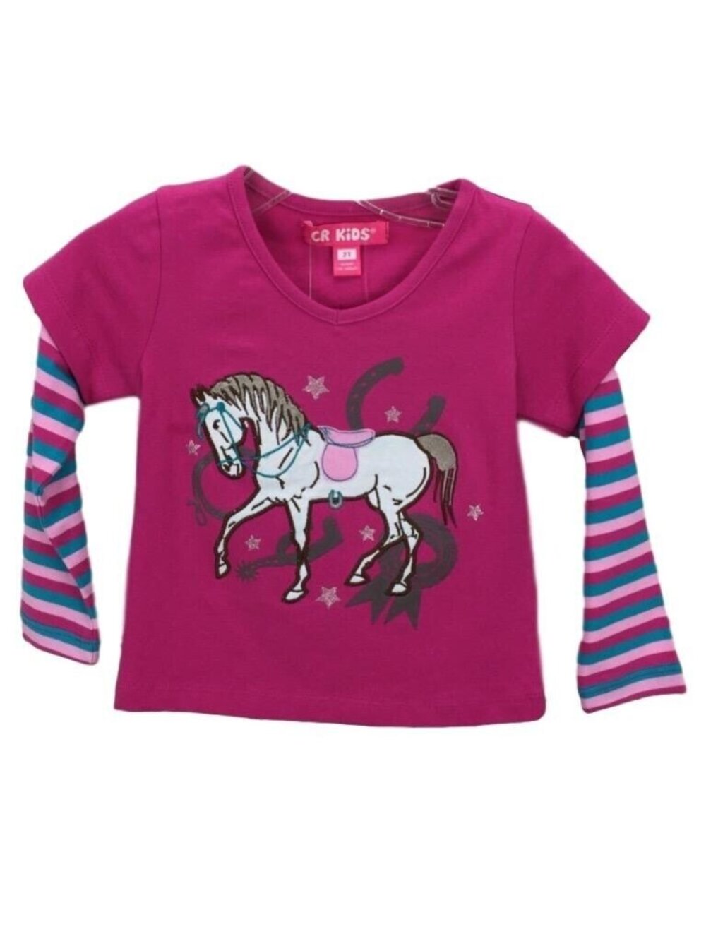 CR Kids 2T Pink Horse Graphic Tee With Striped Long Sleeves